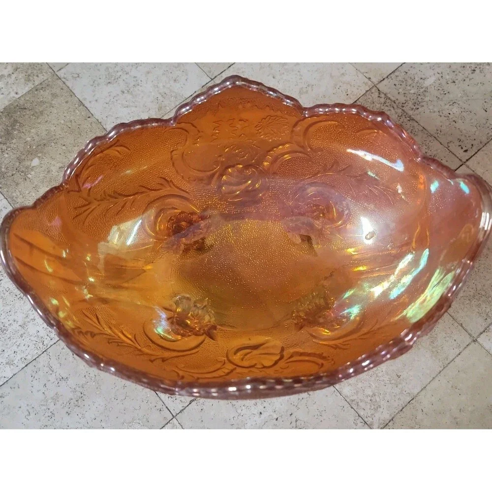 Vintage Carnival Glass Iridescent Footed Bowl Marigold Scalloped Floral Pattern